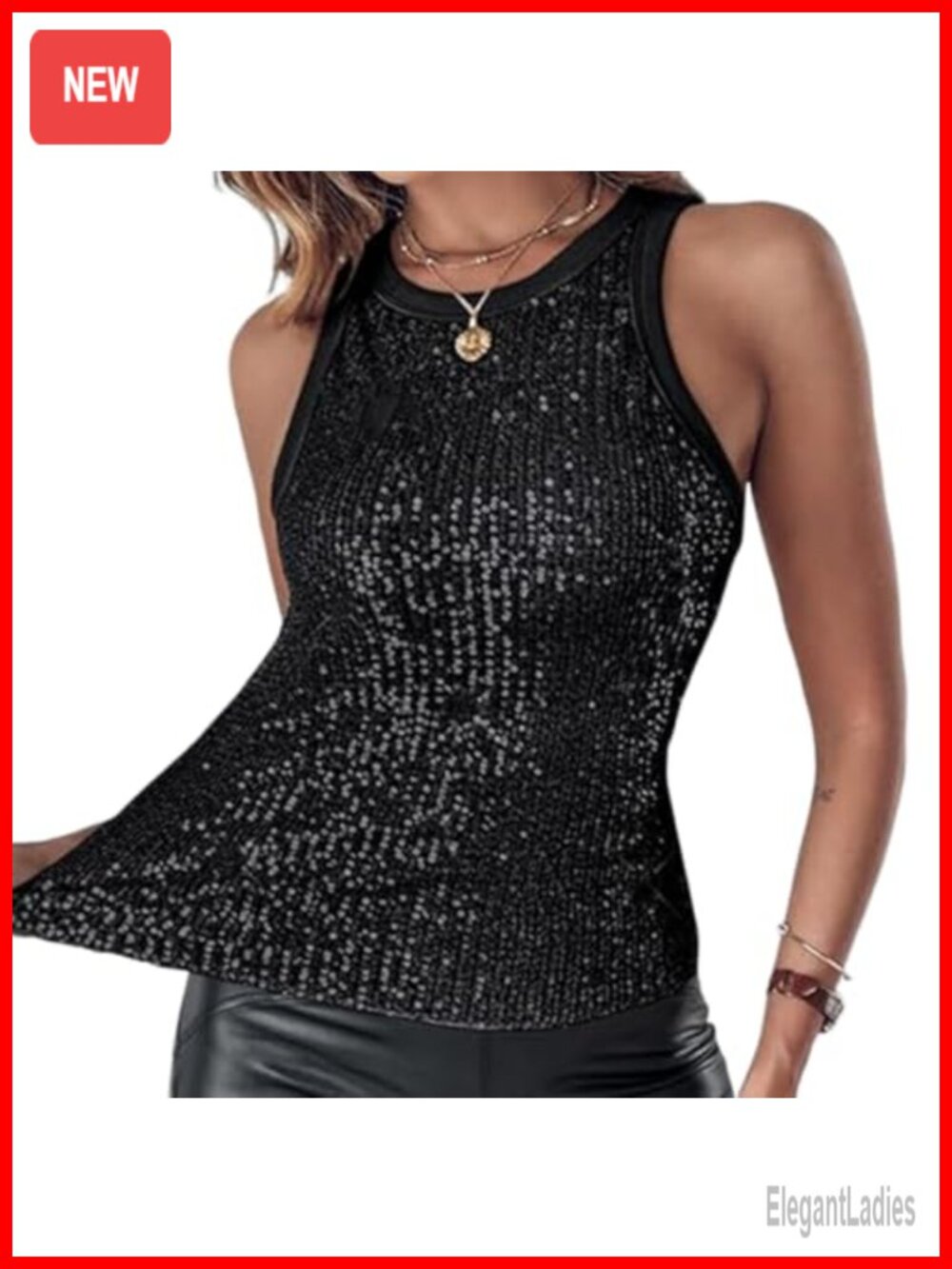 Sequin Sparkle Tank Top Sleeveless Scoop Neck Slim Fit Camisole